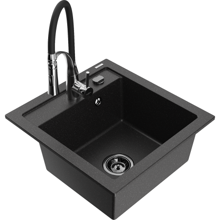 Mexen Vito 1-bowl granite sink with Aster kitchen tap, black/silver metallic - 6503-73-73450-07-B