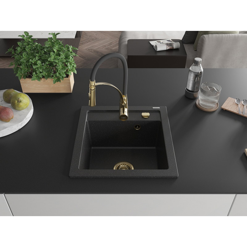 Mexen Vito granite kitchen sink single-bowl with Aster kitchen faucet, black/silver metallic - 6503-73-73450-57-G