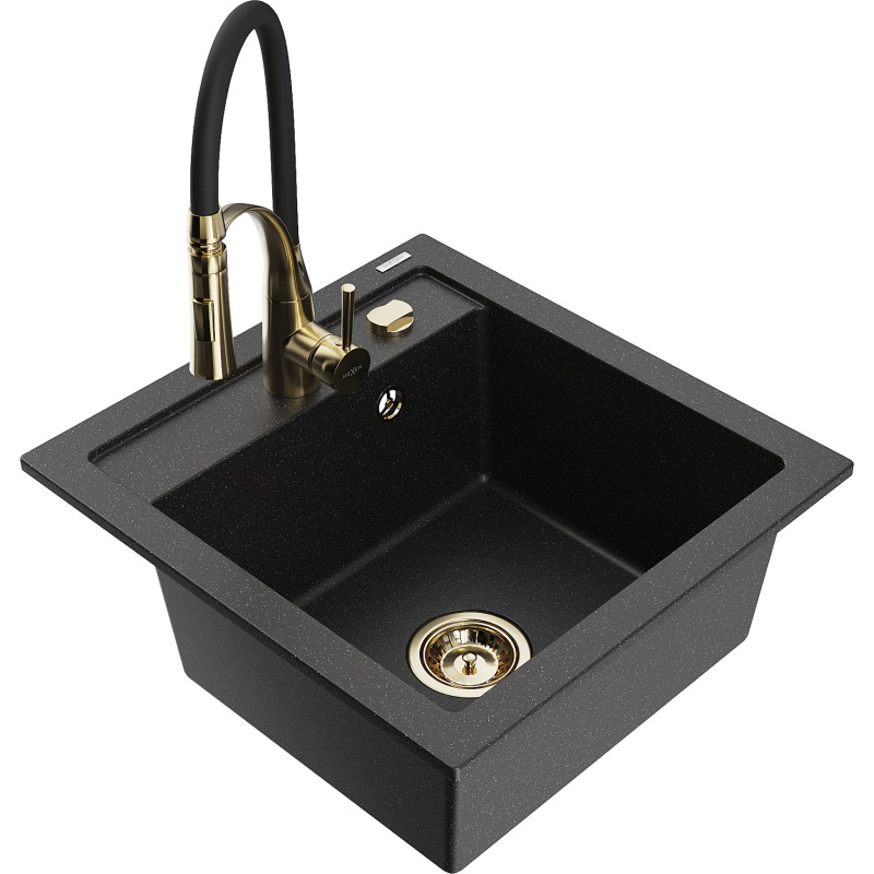 Mexen Vito granite kitchen sink single-bowl with Aster kitchen faucet, black/silver metallic - 6503-73-73450-57-G