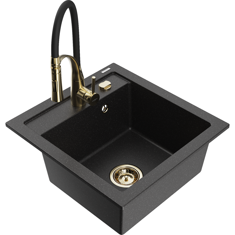 Mexen Vito granite sink 1-compartment with Aster kitchen tap, black/silver metallic- 6503-73-73450-57-G
