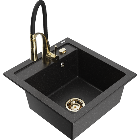 Mexen Vito granite kitchen sink 1-bowl with Aster kitchen faucet, black/silver metallic - 6503-73-73450-57-G