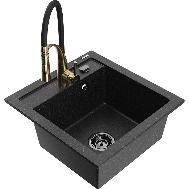 Mexen Vito 1-bowl granite sink with Aster kitchen faucet, black/silver metallic - 6503-73-73450-57-B