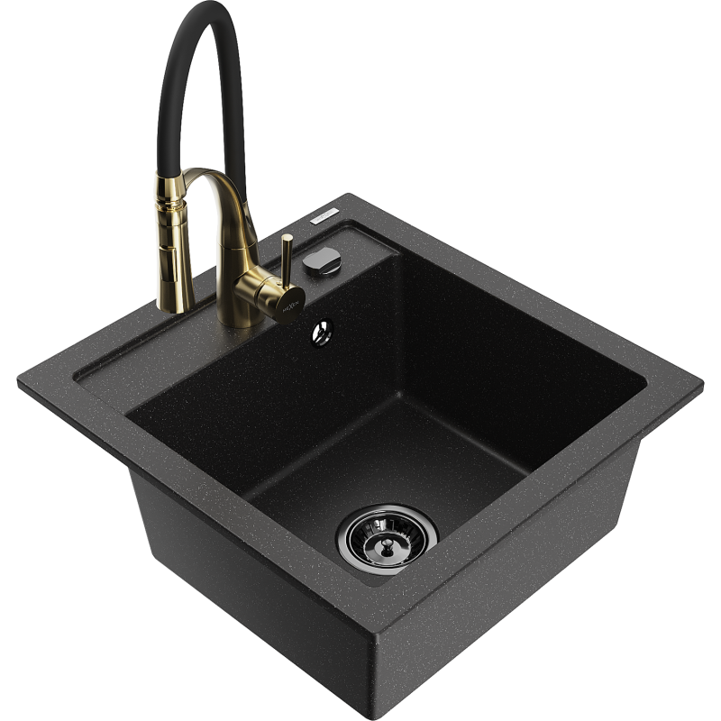 Mexen Vito granite sink 1-bowl with Aster kitchen tap, black/silver metallic-6503-73-73450-57-B