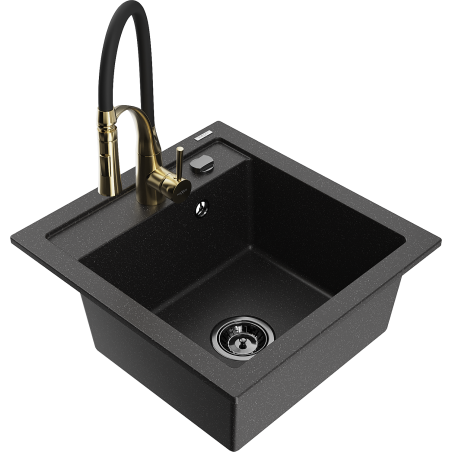 Mexen Vito 1-bowl granite sink with Aster kitchen faucet, black/silver metallic - 6503-73-73450-57-B