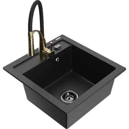 Mexen Vito granite sink 1-bowl with Aster kitchen tap, black/silver metallic-6503-73-73450-57-B
