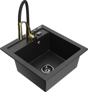 Mexen Vito granite sink 1-bowl with Aster kitchen tap, black/silver metallic-6503-73-73450-57-B