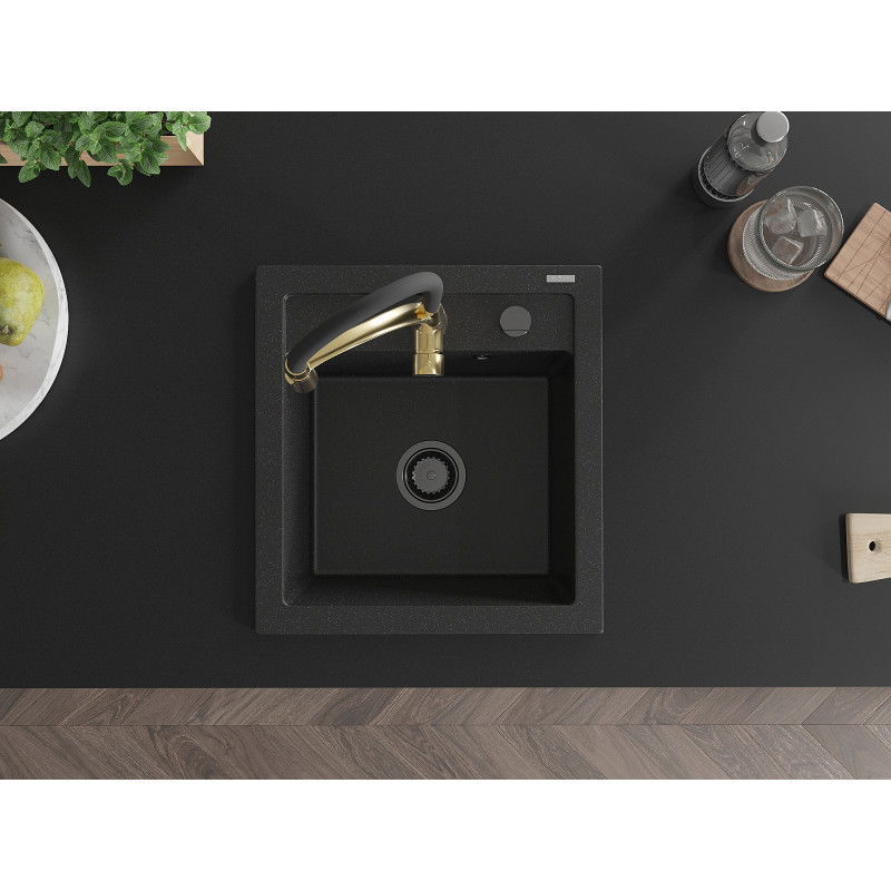 Mexen Vito granite sink 1-bowl with Aster kitchen tap, black/silver metallic-6503-73-73450-57-B