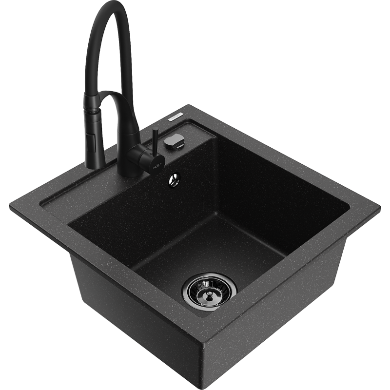 Mexen Vito 1-compartment granite sink with a kitchen mixer tap Aster, Black/Silver metallic- 6503-73-73450-70-B