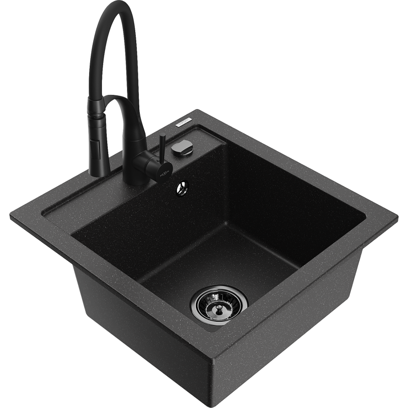 Mexen Vito granite kitchen sink 1-bowl with Aster kitchen tap, black/silver metallic - 6503-73-73450-70-B