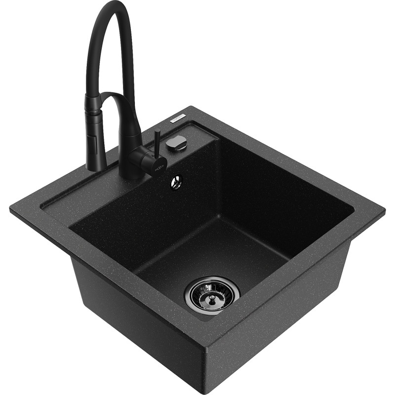 Mexen Vito single-bowl granite sink with kitchen faucet Aster, black/silver metallic - 6503-73-73450-70-B