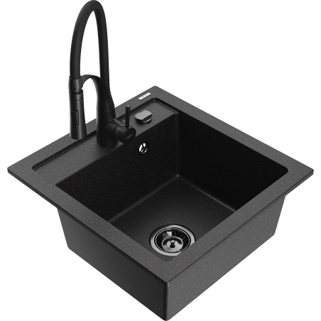 Mexen Vito 1-bowl granite sink with Aster kitchen faucet, black/silver metallic - 6503-73-73450-70-B