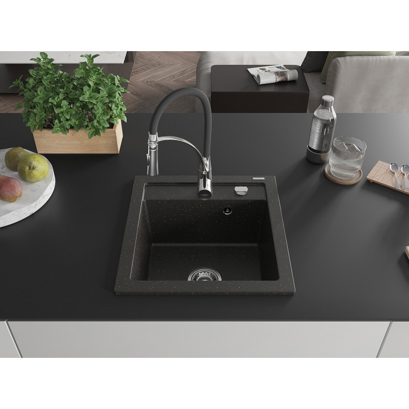 Mexen Vito granite kitchen sink 1-bowl with Aster kitchen faucet, black/gold metallic - 6503-75-73450-07