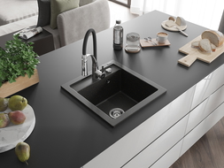 Mexen Vito 1-bowl Granite Sink with Aster Kitchen Tap, Black/Gold Metallic- 6503-75-73450-07