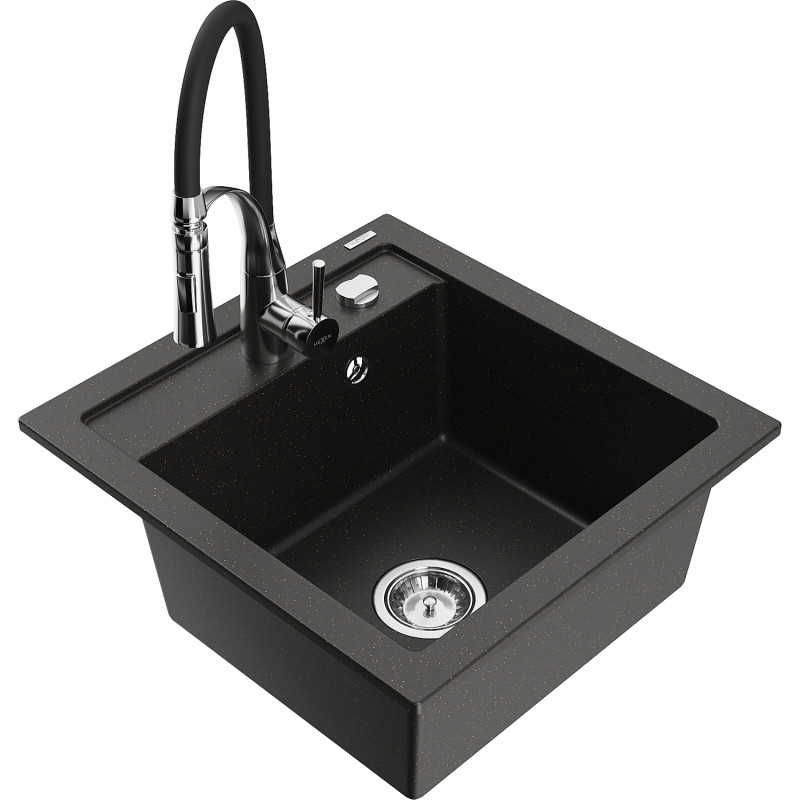 Mexen Vito granite sink with 1 bowl and Aster kitchen faucet, black/gold metallic - 6503-75-73450-07