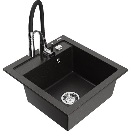 Mexen Vito granite sink with 1 bowl and Aster kitchen faucet, black/gold metallic - 6503-75-73450-07