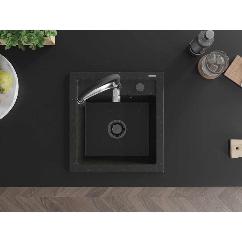 Mexen Vito 1-Bowl Granite Sink with Aster Kitchen Tap, Black/Gold Metallic- 6503-75-73450-07-B