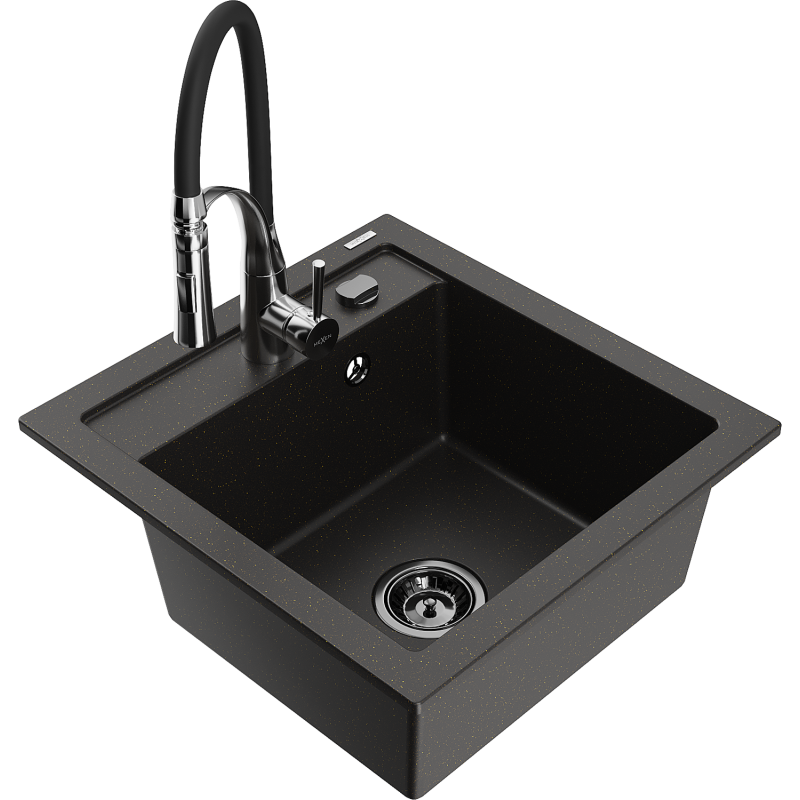 Mexen Vito 1-Bowl Granite Sink with Aster Kitchen Tap, Black/Gold Metallic- 6503-75-73450-07-B