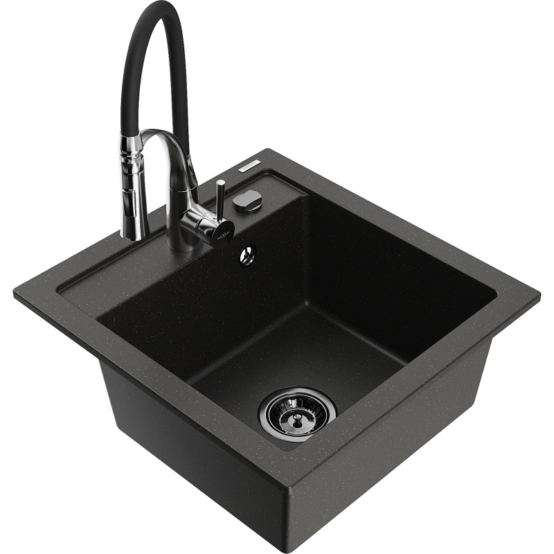 Mexen Vito Single-Bowl Granite Sink with Kitchen Faucet Aster, Black/Gold Metallic - 6503-75-73450-07-B