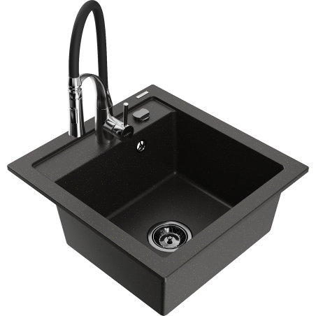 Mexen Vito 1-Bowl Granite Sink with Aster Kitchen Tap, Black/Gold Metallic- 6503-75-73450-07-B