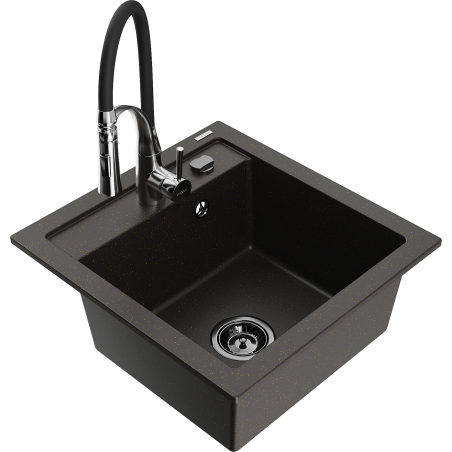 Mexen Vito 1-compartment granite sink with a kitchen mixer tap Aster, Black/Gold metallic- 6503-75-73450-07-B