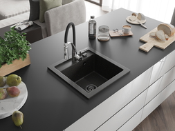 Mexen Vito 1-Bowl Granite Sink with Aster Kitchen Tap, Black/Gold Metallic- 6503-75-73450-07-B