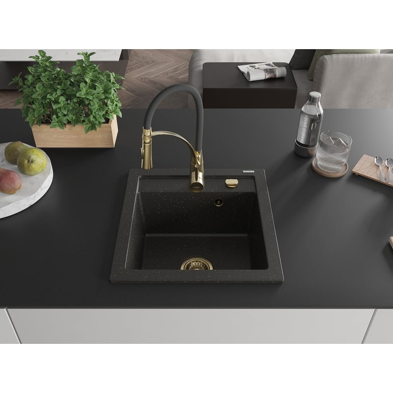 Mexen Vito granit kitchen sink 1-bowl with Aster kitchen faucet, black/gold metallic - 6503-75-73450-57-G