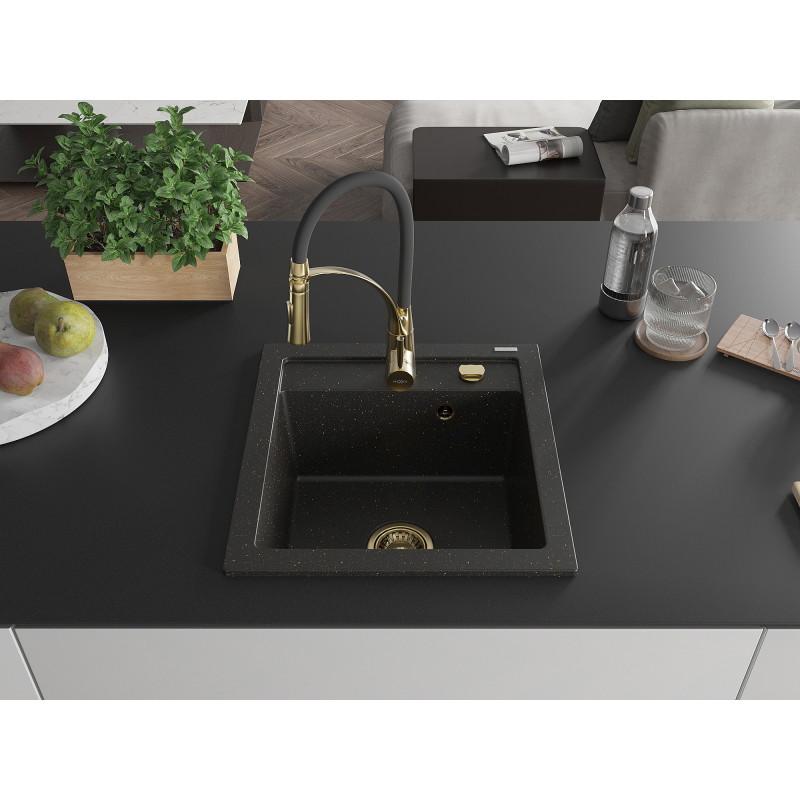 Mexen Vito granite sink 1-bowl with Aster kitchen faucet, black/gold metallic - 6503-75-73450-57-G