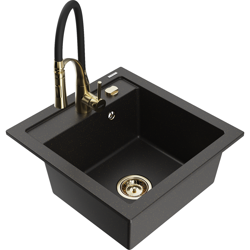 Mexen Vito 1-compartment granite sink with a kitchen mixer tap Aster, Black/Gold metallic- 6503-75-73450-57-G