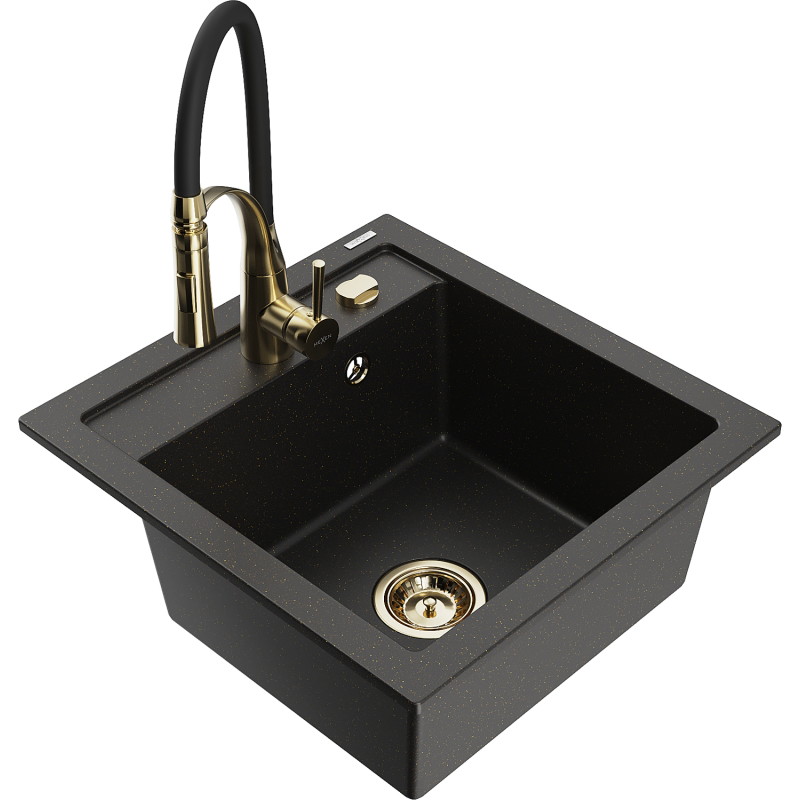 Mexen Vito granit kitchen sink 1-bowl with Aster kitchen faucet, black/gold metallic - 6503-75-73450-57-G