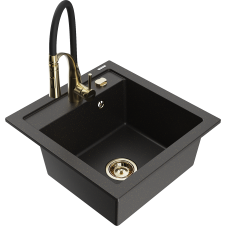 Mexen Vito 1-compartment granite sink with a kitchen mixer tap Aster, Black/Gold metallic- 6503-75-73450-57-G