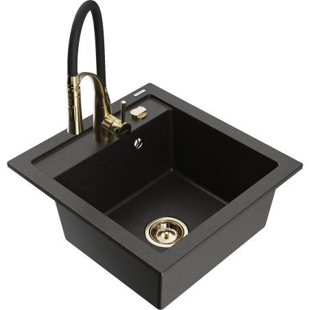 Mexen Vito granite sink 1-bowl with Aster kitchen tap, black/gold metallic- 6503-75-73450-57-G