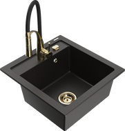 Mexen Vito granit kitchen sink 1-bowl with Aster kitchen faucet, black/gold metallic - 6503-75-73450-57-G