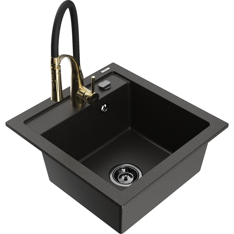 Mexen Vito 1-compartment granite sink with a kitchen mixer tap Aster, Black/Gold metallic- 6503-75-73450-57-B