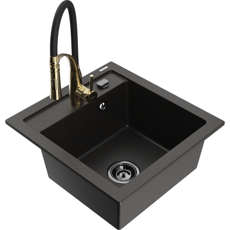 Mexen Vito 1-bowl granite sink with Aster kitchen faucet, black/gold metallic - 6503-75-73450-57-B
