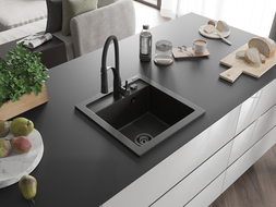 Mexen Vito 1-compartment granite sink with a kitchen mixer tap Aster, Black/Gold metallic- 6503-75-73450-70-B