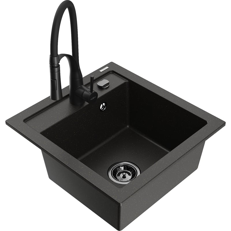Mexen Vito 1-bowl granite sink with Aster kitchen faucet, black/gold metallic - 6503-75-73450-70-B