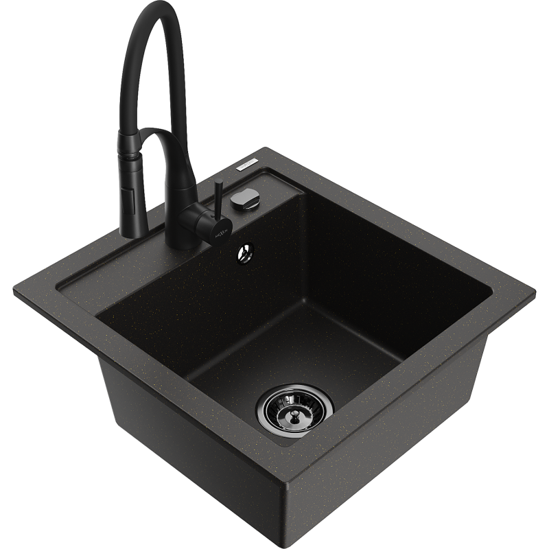 Mexen Vito 1-bowl kitchen sink with Aster kitchen tap, black/golden metallic- 6503-75-73450-70-B