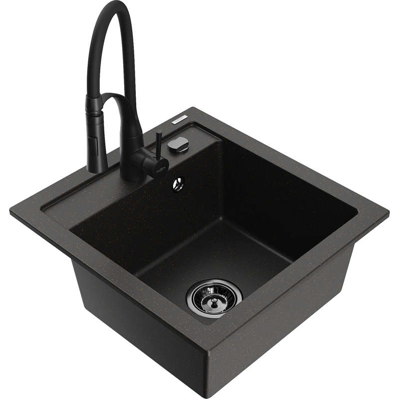 Mexen Vito 1-compartment granite sink with a kitchen mixer tap Aster, Black/Gold metallic- 6503-75-73450-70-B