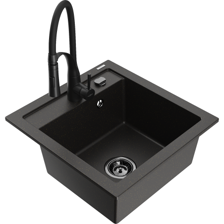 Mexen Vito 1-bowl granite sink with Aster kitchen faucet, black/gold metallic - 6503-75-73450-70-B