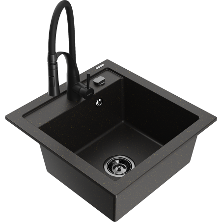 Mexen Vito 1-bowl granite sink with Aster kitchen faucet, black/golden metallic - 6503-75-73450-70-B