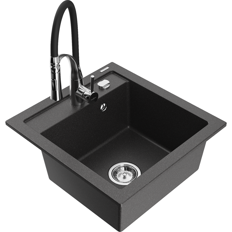 Mexen Vito 1-compartment granite sink with a kitchen mixer tap Aster, spotted black - 6503-76-73450-07