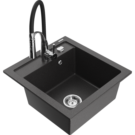 Mexen Vito 1-bowl granite kitchen sink with Aster kitchen tap, speckled black - 6503-76-73450-07