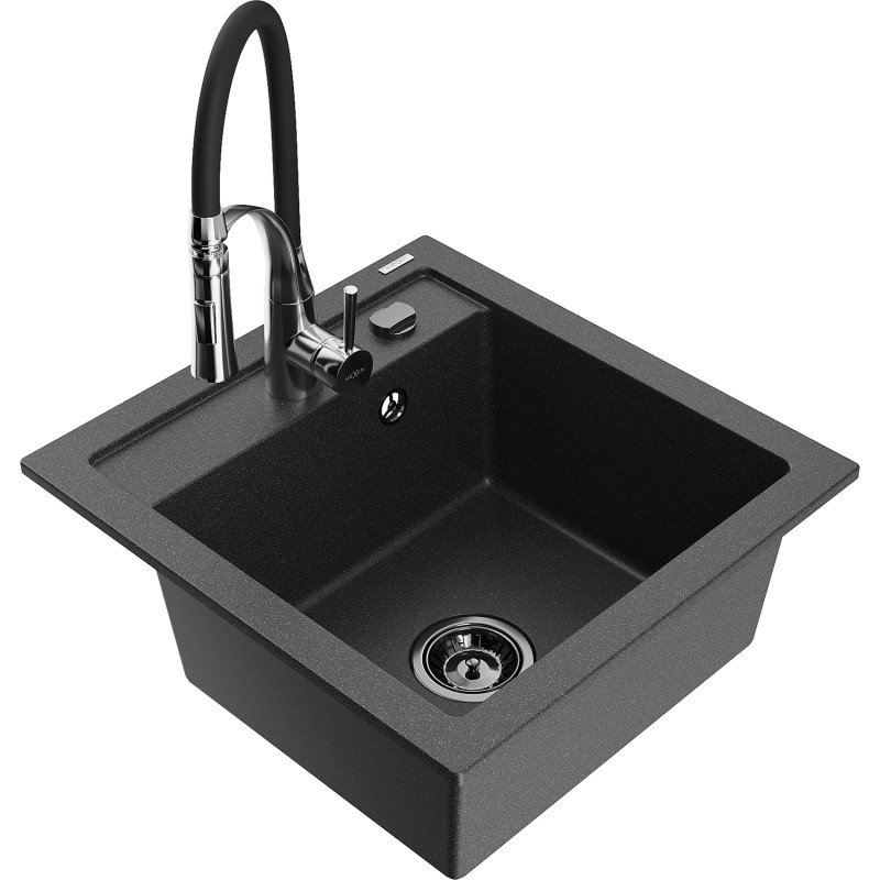 Mexen Vito 1-bowl granite sink with Aster kitchen faucet, speckled black - 6503-76-73450-07-B