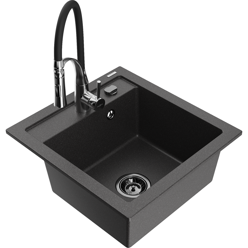 Mexen Vito 1-compartment granite sink with a kitchen mixer tap Aster, spotted black - 6503-76-73450-07-B