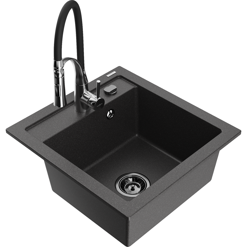 Mexen Vito granite sink 1-bowl with Aster kitchen tap, black speckled - 6503-76-73450-07-B