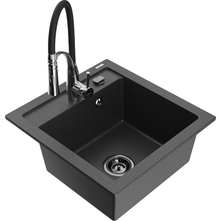Mexen Vito granite sink 1-bowl with Aster kitchen tap, black speckled - 6503-76-73450-07-B