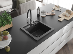 Mexen Vito granite single-bowl sink with kitchen faucet Aster, black speckled - 6503-76-73450-07-B
