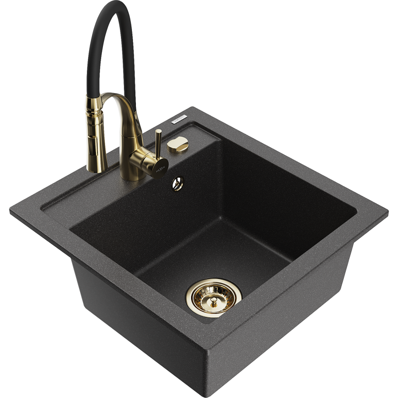 Mexen Vito 1-compartment granite sink with a kitchen mixer tap Aster, spotted black - 6503-76-73450-57-G