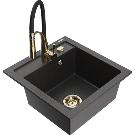 Mexen Vito granite sink 1-chamber with Aster kitchen faucet, black speckled - 6503-76-73450-57-G