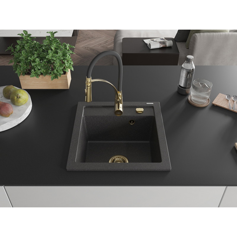 Mexen Vito granite sink 1-chamber with Aster kitchen faucet, black speckled - 6503-76-73450-57-G